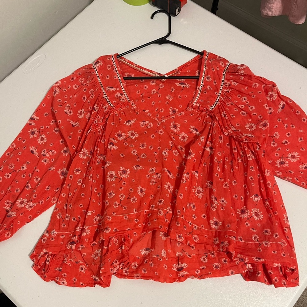Free People poppy red peasant blouse daisy print